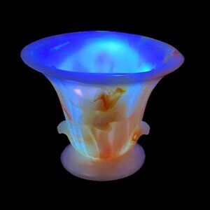 VTG Akro Agate Slag Glass Trophy Vase #658 Embossed Flower White Orange Pink